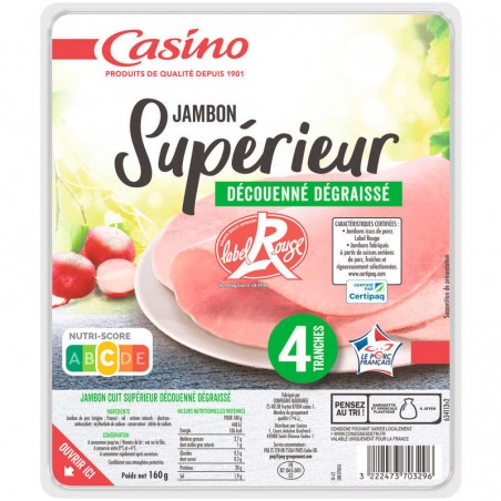 CASINO Jambon cuit supérieur Label Rouge 4 tranches 160g